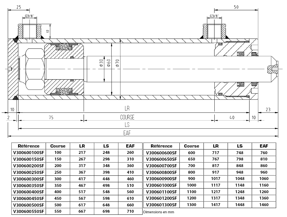 Vérin hydraulique double effet sans extrémités, 30 x 60 x 150mm